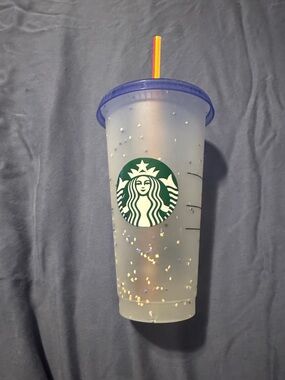 Starbucks Frosted Confetti Tumbler with Purple Lid and Multicolor Straw